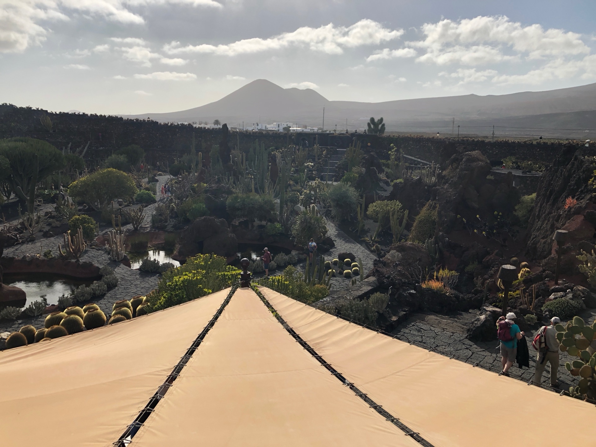 Blick von oben auf den Jardín de Cactus von César Manrique auf Lanzarote – Kakteengarten im Vulkankrater mit Vulkan im Hintergrund