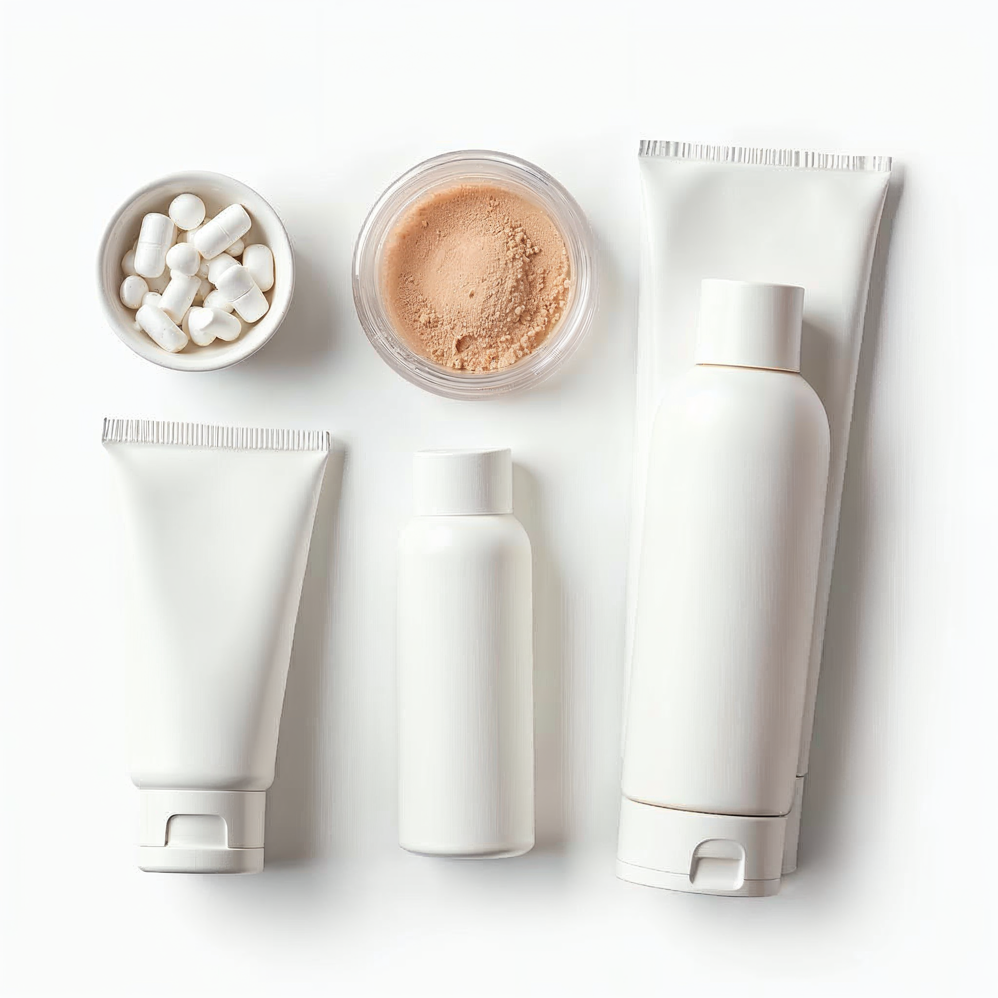 Reiseapotheke mit Verbandsmaterial, Tabletten und Sonnencreme von oben fotografiert