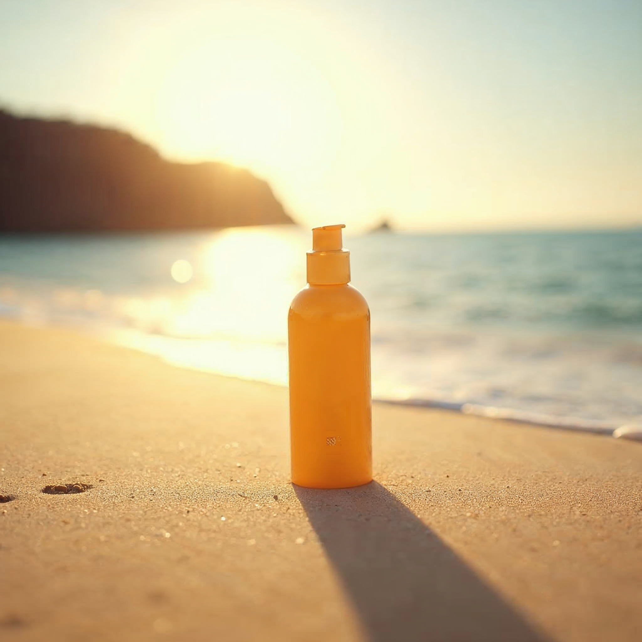 Sonnencreme-Flasche am Strand von Lanzarote bei Sonnenuntergang